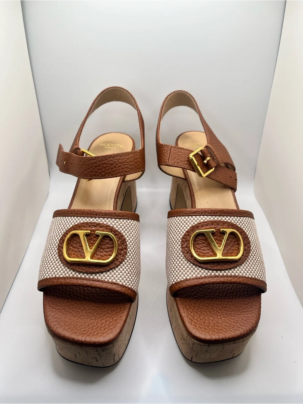 Valentino Brown & Ivory Cork Platform Slingbacks with Gold Logo